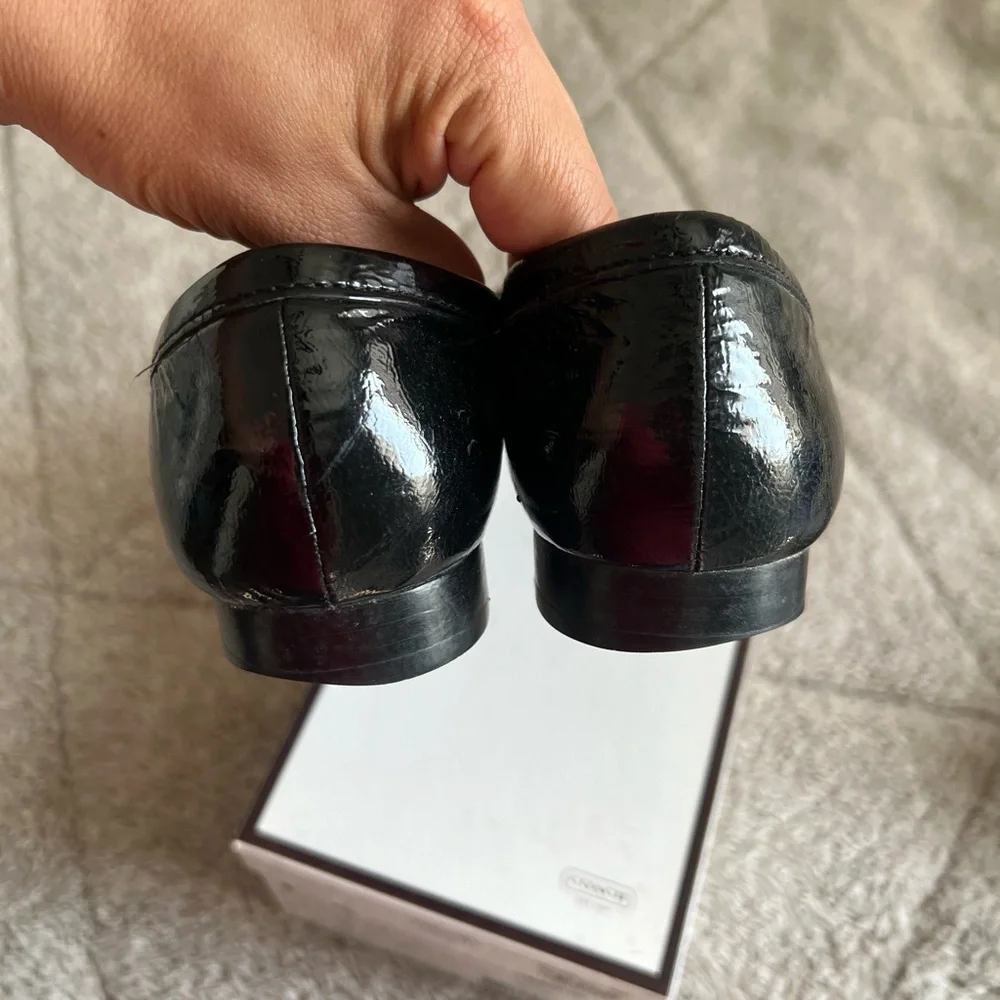 Coach Black Patent Leather Loafers with Gold Logo Medallions